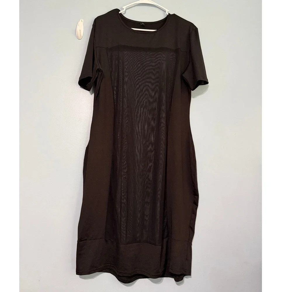 IN'VOLAND Black Mesh Panel Midi Dress 20W Short Sleeve Crew Neck Stretch 1608